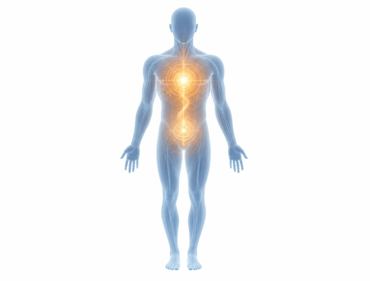 Ilustração do corpo humano com pontos de energia destacados